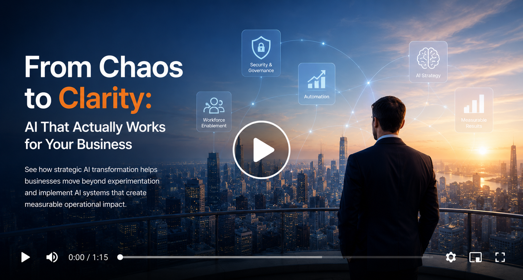 Load video: Strategic AI transformation video showing how businesses operationalize AI through automation, workforce enablement, governance, and measurable business outcomes