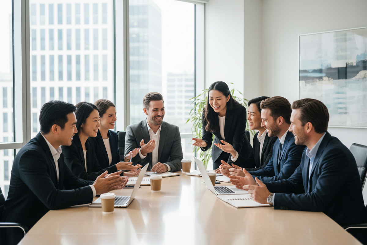 a realistic photo with people on a meeting in an office smilling, no text